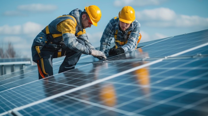 Two energy and utility workers are installing solar panels