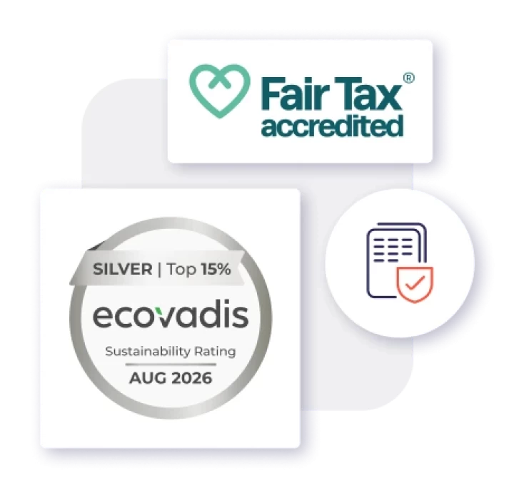 A Fair Tax-akkreditáció és az ezüstfokozatú EcoVadis-minősítés emblémája