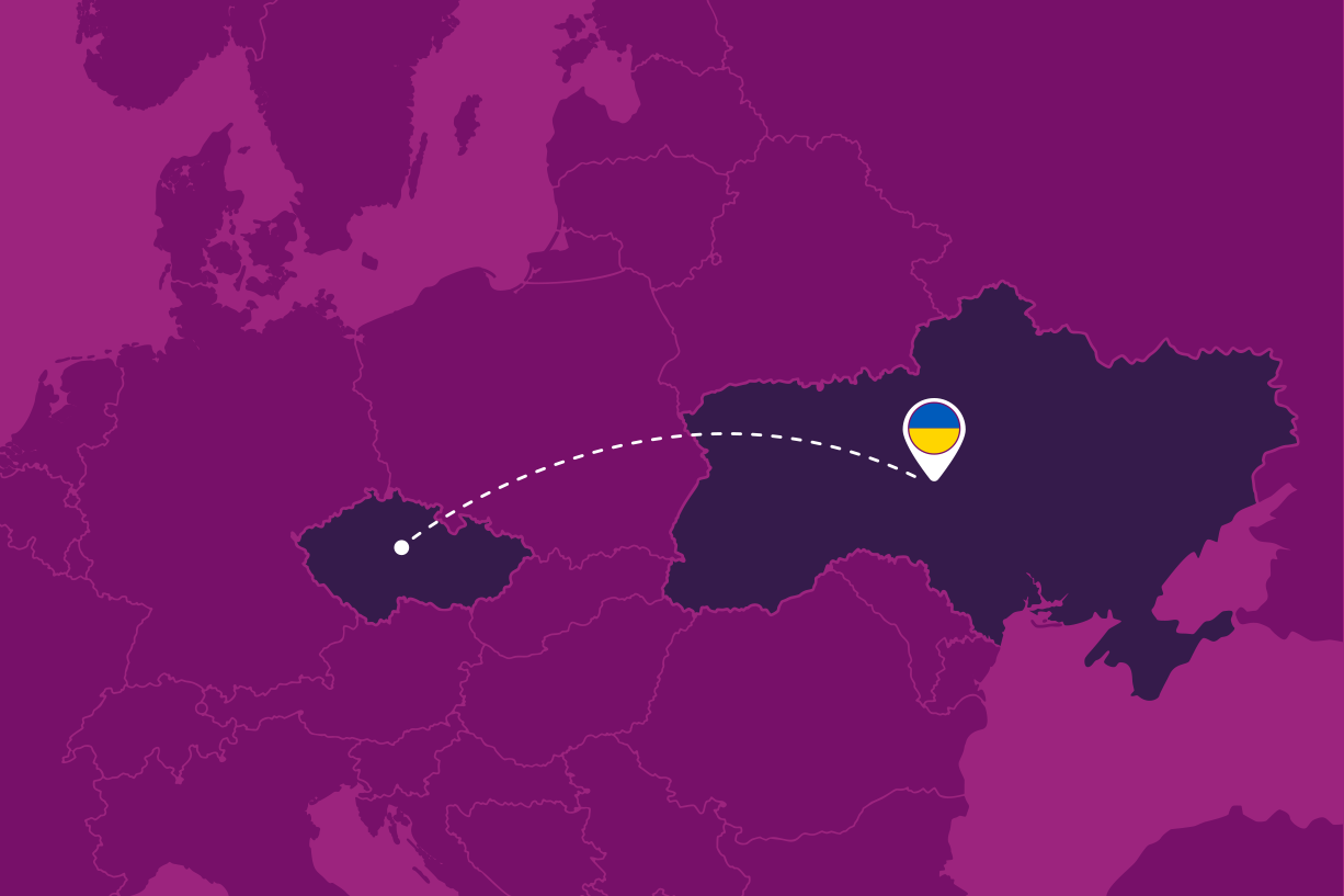 Grafika pokazująca mapę i połączenie linią centrali Unite z Ukrainą