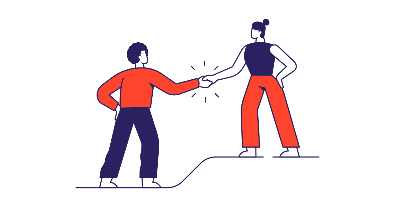 Tekening van een man en vrouw die elkaar de hand schudden waarbij vrouw op hogere trede staat