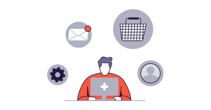 Jednolita grafika ilustrująca administrację BusinessShops. Mężczyzna przed ekranem laptopa jest otoczony grafiką ikon z kołem, kopertą, koszykiem na zakupy i osobą.