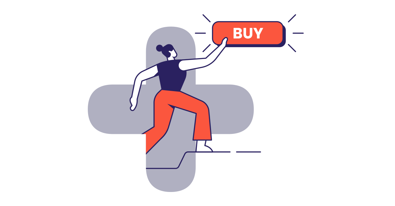 Unite Grafik zur Veranschaulichung des einfachen Kaufprozesses. Eine Frau vor einem Pluszeichen klickt auf eine Schaltfläche mit der Aufschrift Buy.