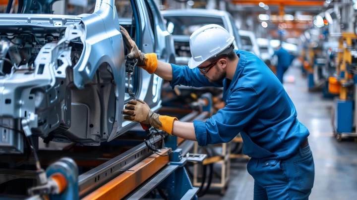 Photo d'un ouvrier dans une usine de production automobile travaillant sur un châssis de voiture