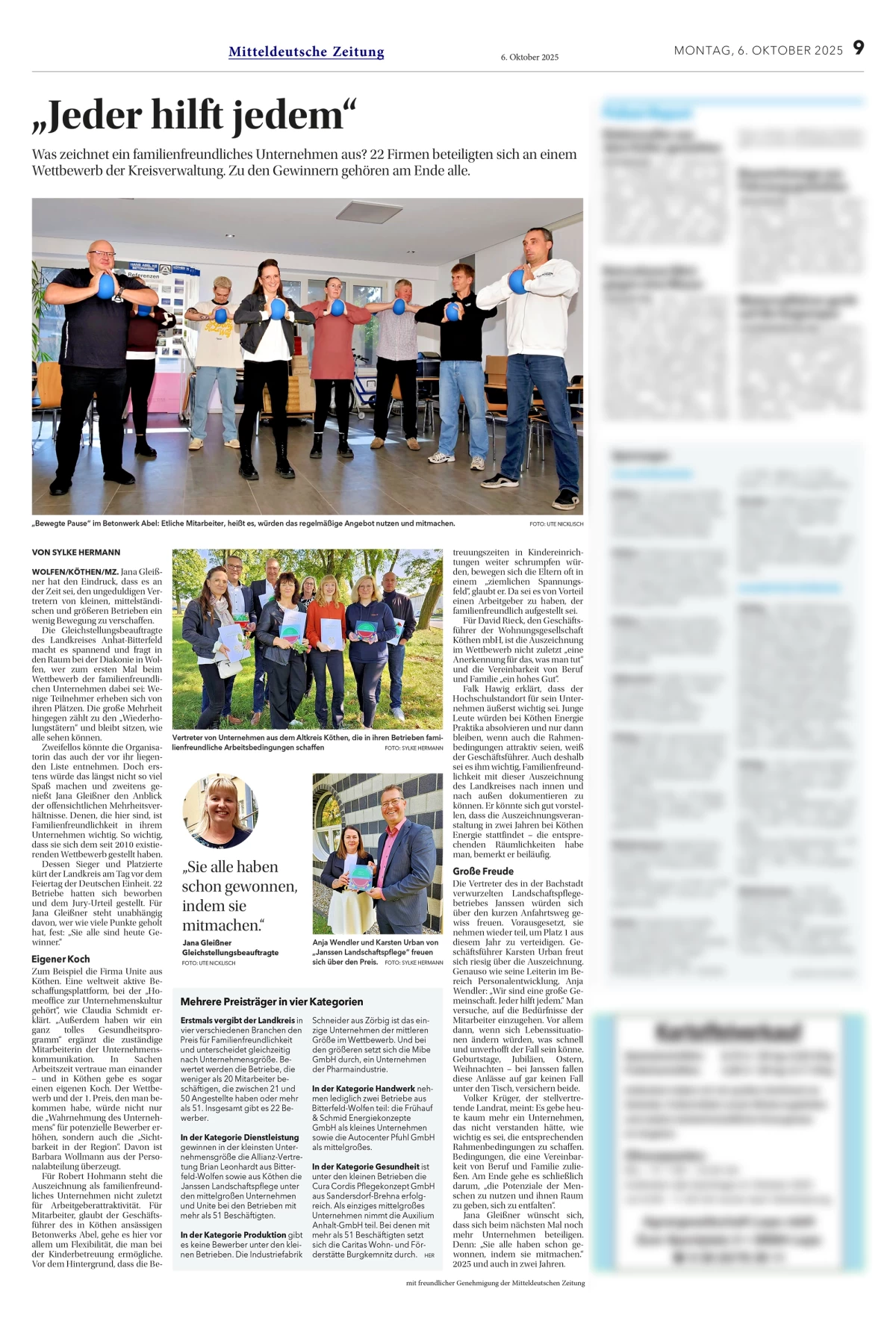 Beitrag zum Familienfreundlichkeitspreis des Landkreises Anhalt-Bitterfeld in der Mitteldeutschen Zeitung vom 6.10.2025