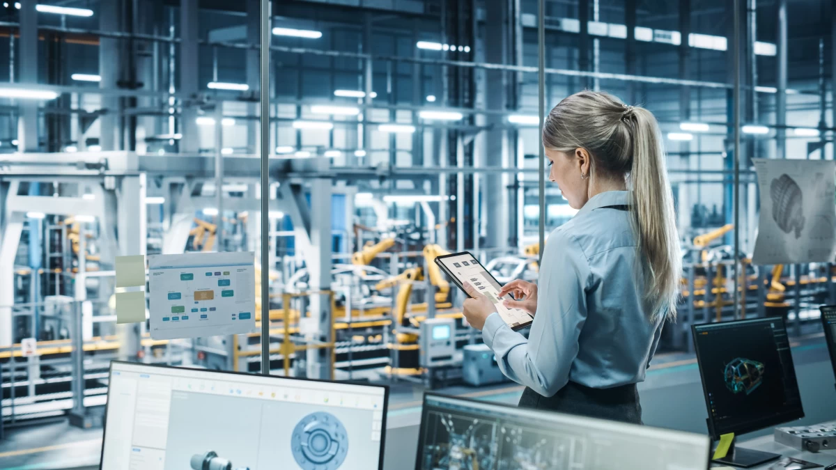 Egy dolgozó a kezében tartott táblagépről vezérel egy autógyártó robotot, amely a háttérben dolgozik.