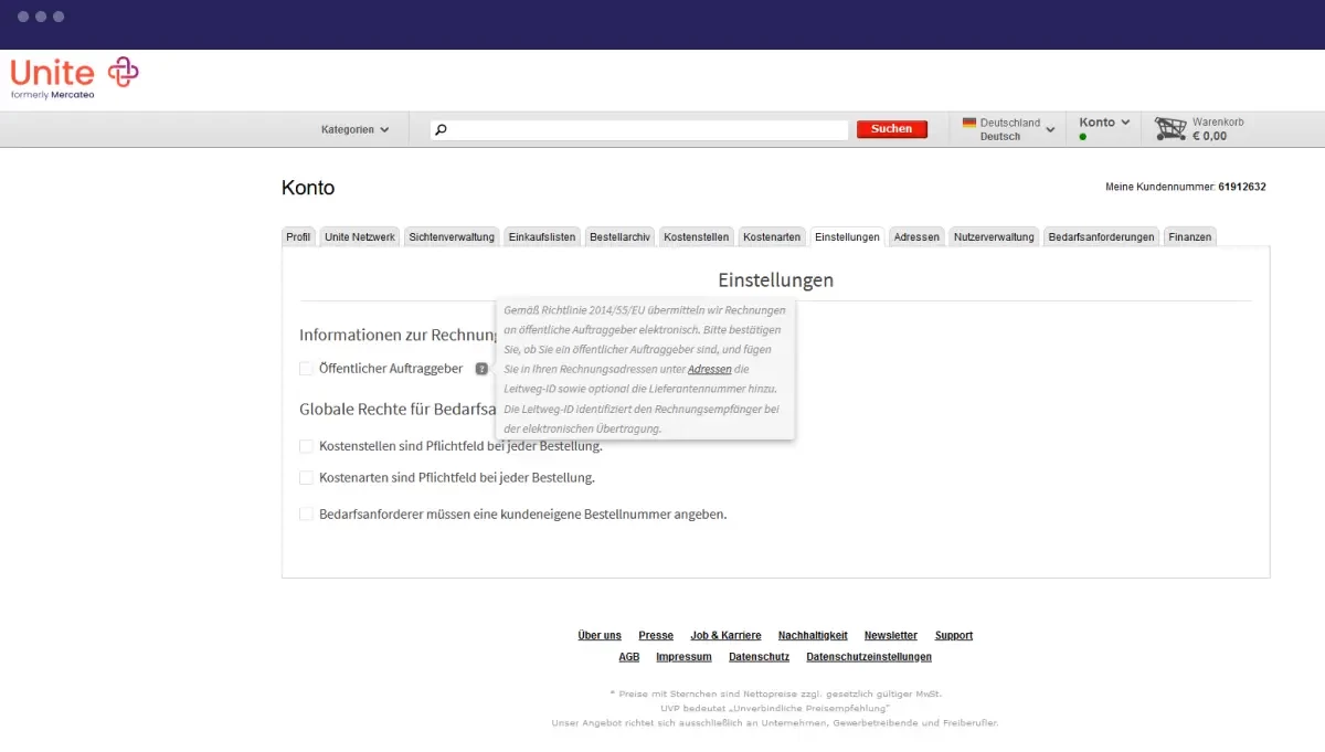Screenshot der Einstellungen für öffentliche Auftraggeber