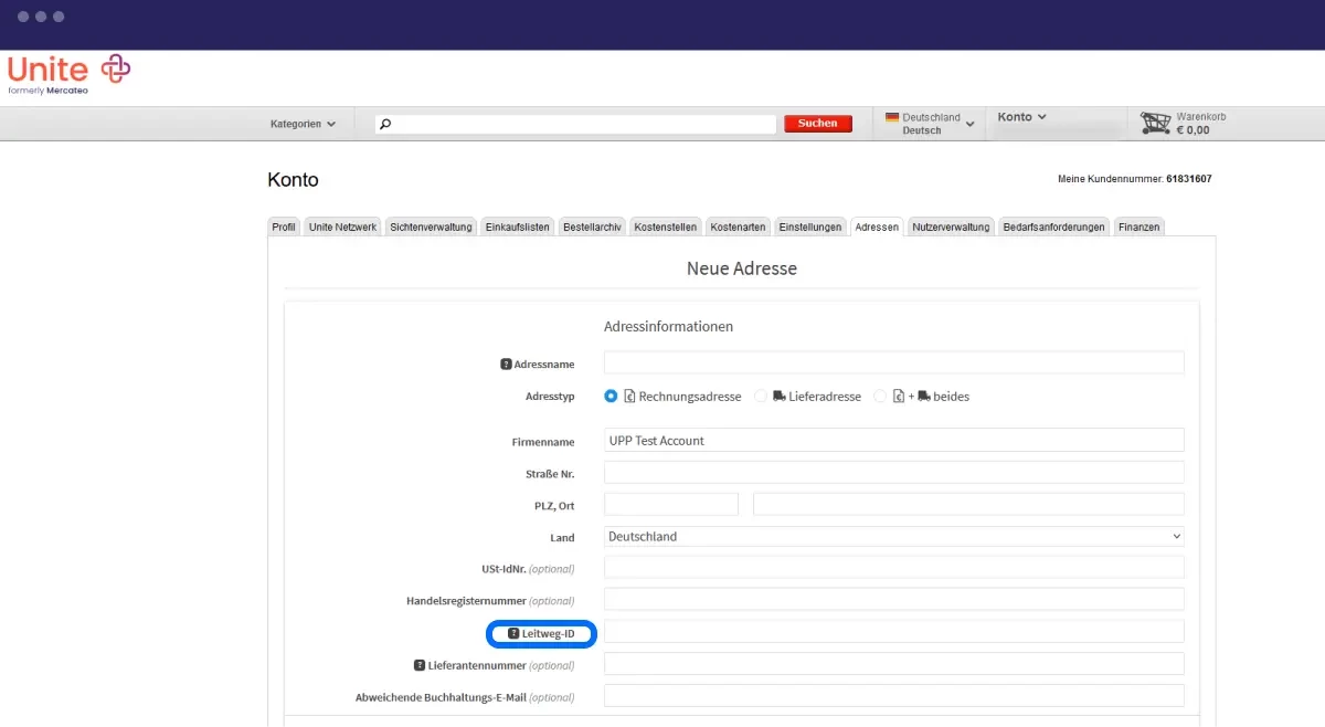 Screenshot der Einstellungen für die Leitweg-ID