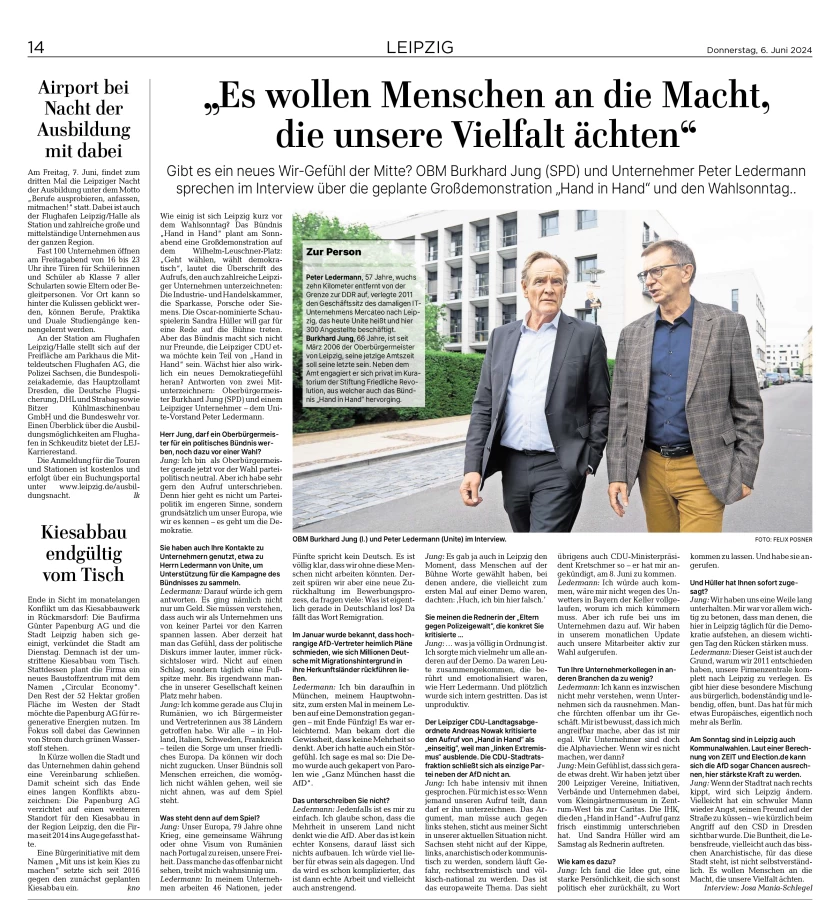 Presseartikel für das Demokratiegespräch Jung/Ledermann mit der LVZ.