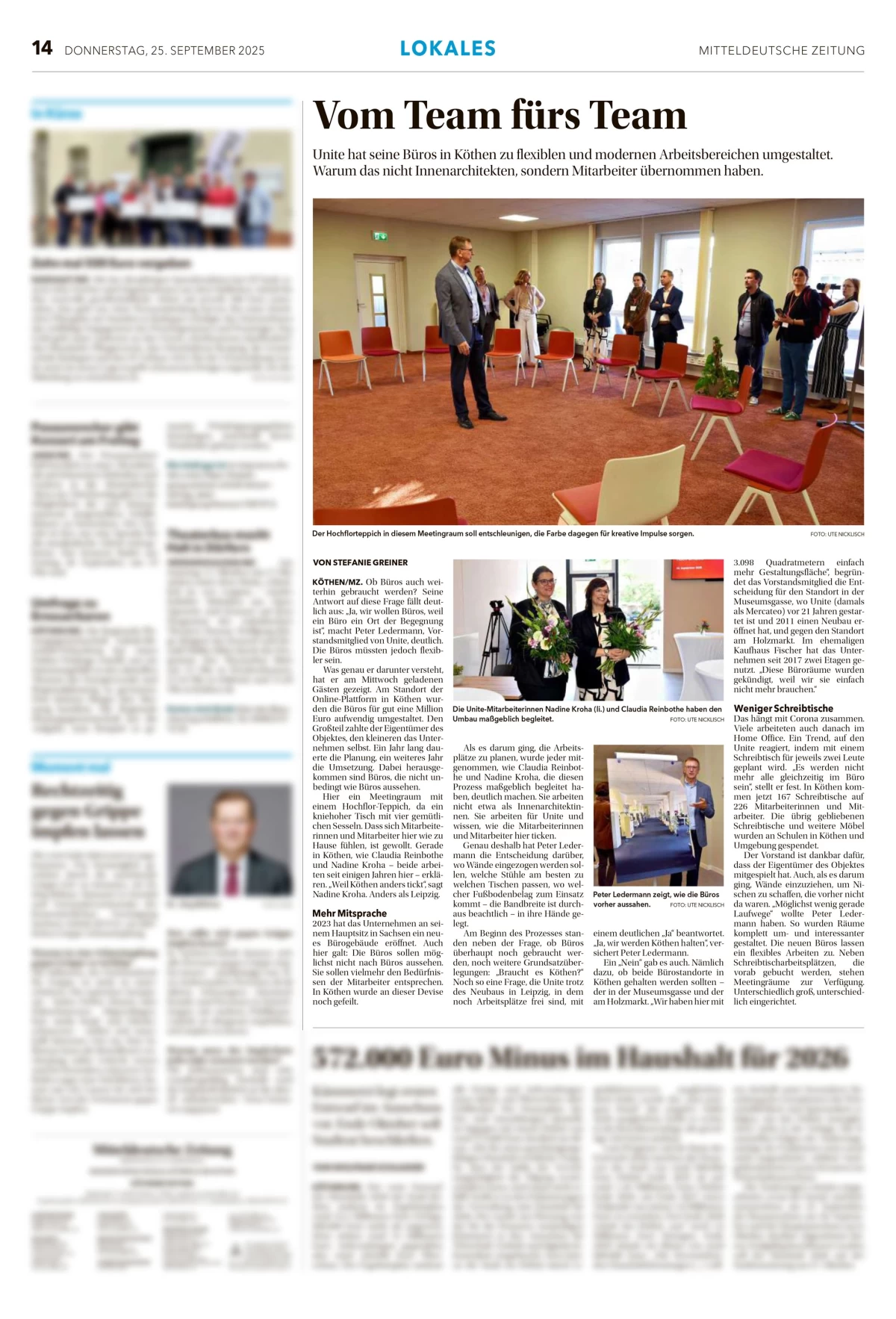 Beitrag zur Büroneueröffnung bei Unite in Köthen in der Mitteldeutschen Zeitung vom 25.9.2025