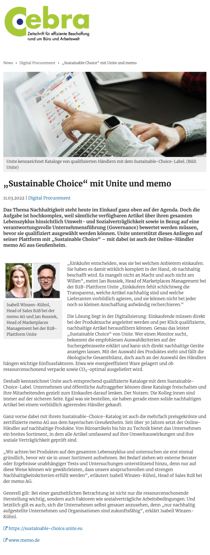Das Fachmagazin Cebra berichtet über „Sustainable Choice“ mit Unite und memo