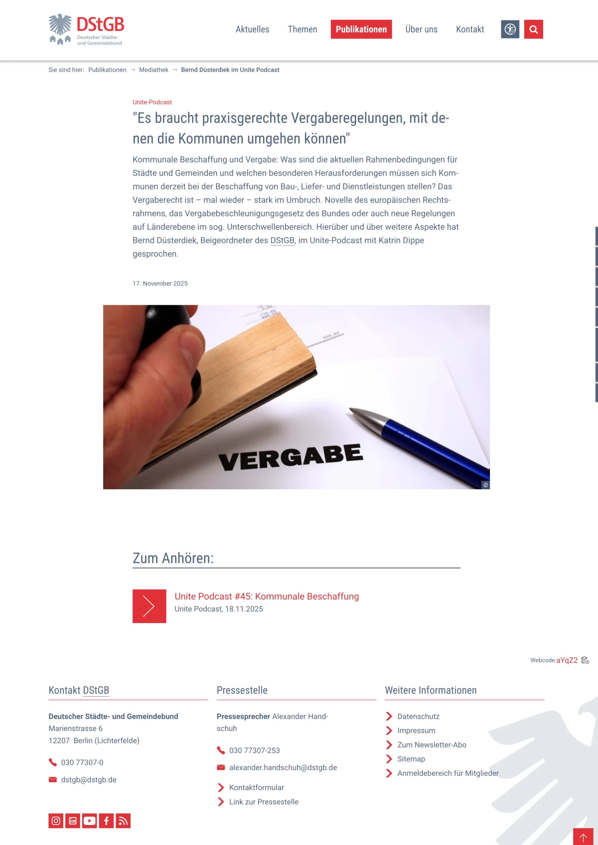 Unite Podcast Folge 45 mit Bernd Düsterdiek in der Mediathek des DStGB