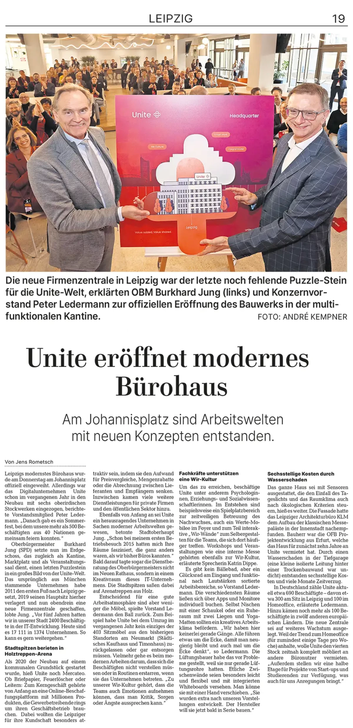 Presseartikel für die Unite Headquarter Einweihung in der LVZ.