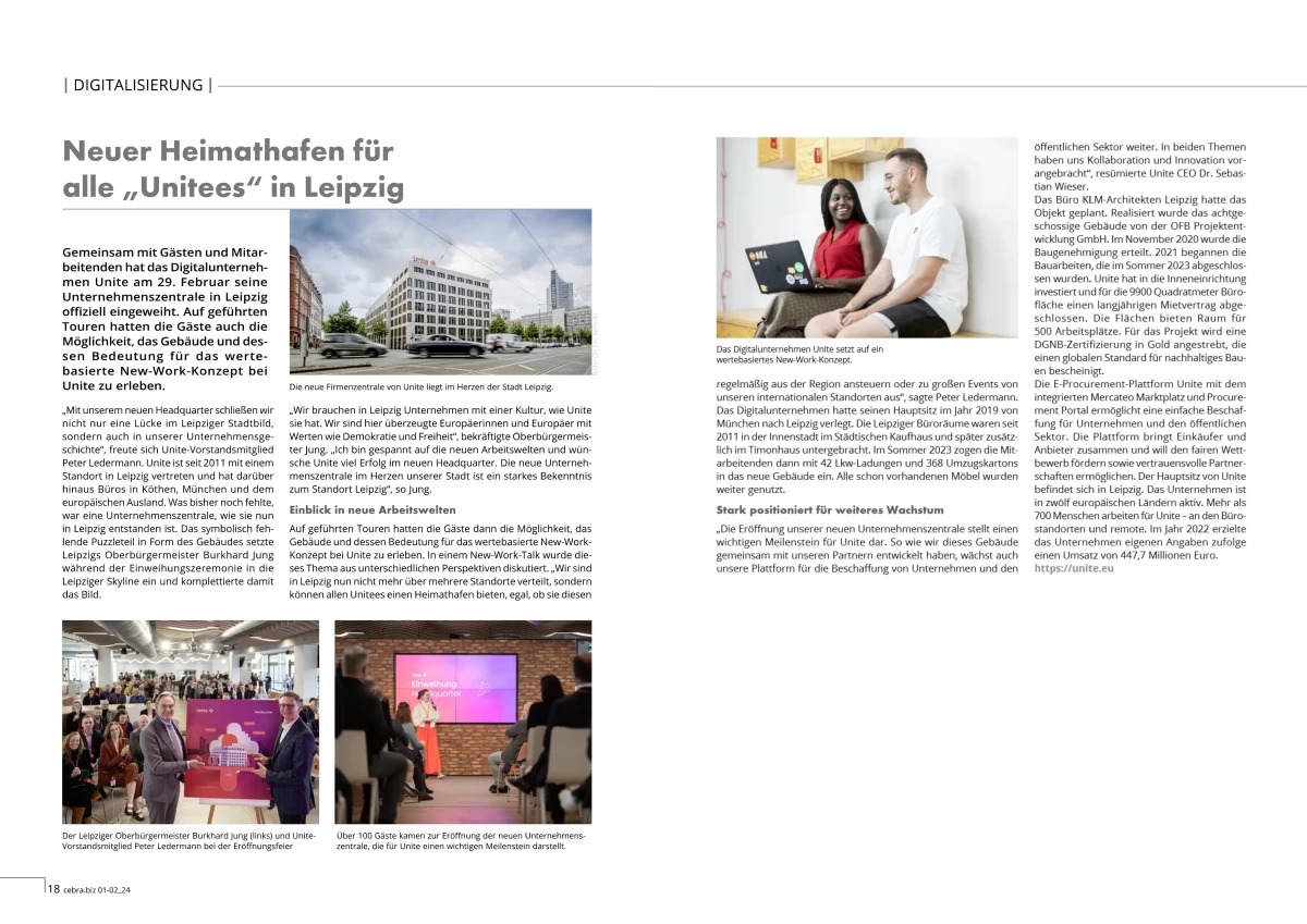 Presseartikel über die Einweihung des Unite Headquarters in der Fachzeitschrift Cebra.