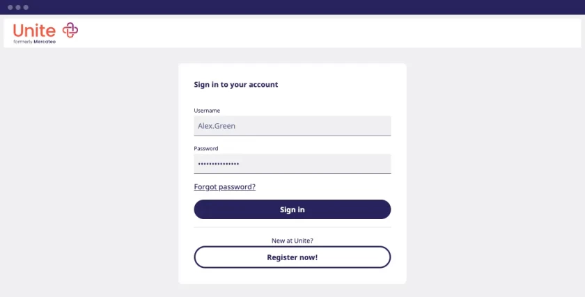 Screenshot of Unite's login page